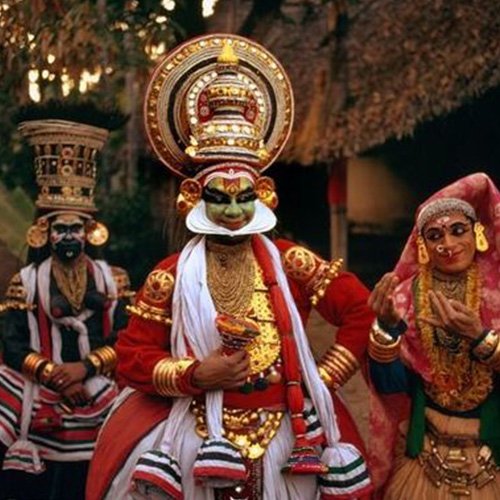 The Kathakali costumes are adorned with intricate embroidery, mirror work, and traditional makeup, creating a visual spectacle that reflects the region's artistic traditions; Image credits: Pinterest