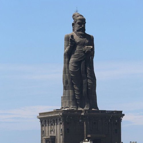 The Thiruvalluvar Statue stands majestically, symbolizing wisdom and cultural heritage with its towering presence and intricate details; Image credits: Pinterest